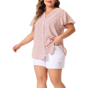 Agnes Orinda Women's Plus Size Floral Flare Short Sleeve Chiffon Button Down Shirts - 1 of 4