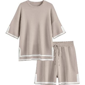 Ekouaer Womens Knit Lounge Set 2 Piece Sweater Sets Short Sleeve Sweatsuit Pullover Tops - 1 of 4