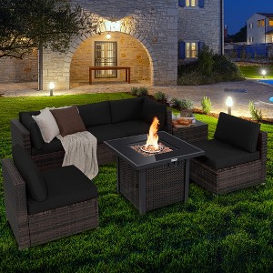 Costway 7PCS Patio Rattan Furniture Set Fire Pit Table Cover Glass Top Cushion Off White\Black\Navy\Red\Turquoise - 1 of 4