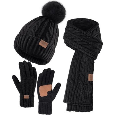 ZUPPAD Winter Hat Scarf Gloves Set for Women, 3 PCS Pom Pom Beanie Hat Touchscreen Glove Long Neck Kint Scarf Christmas Gifts