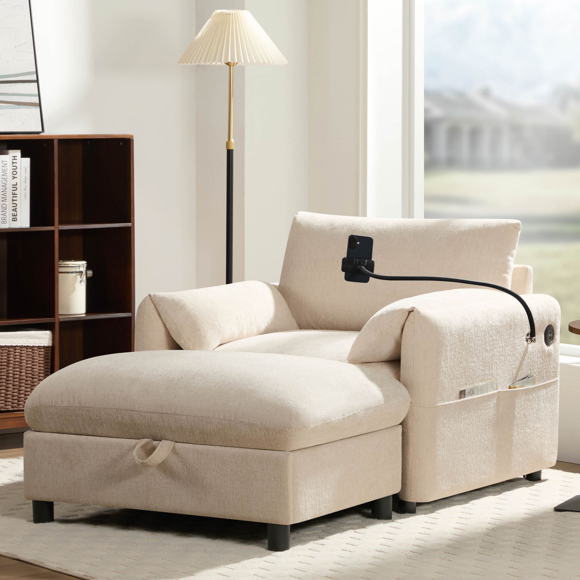 Merax Multifunctional Chenille Single Sofa with Storage Ottoman and Cushioned Armrest Pillows