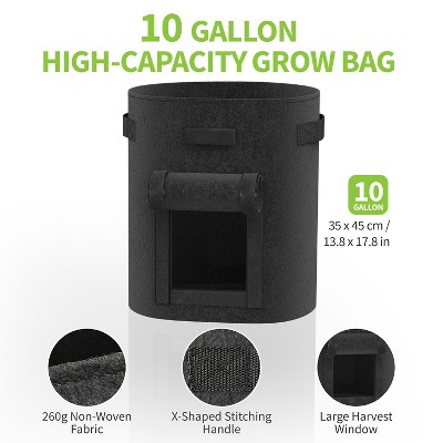 Black Rectangular Nonwoven Fabric Outdoor Grow Bags with Harvest Window, 10 Gallon, 4 Pack