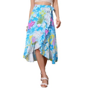 INSPIRE CHIC Women's Tropical Floral Print Ruffle Self-Tie Knot Split Beach Wrap Midi Skirt - 1 of 4