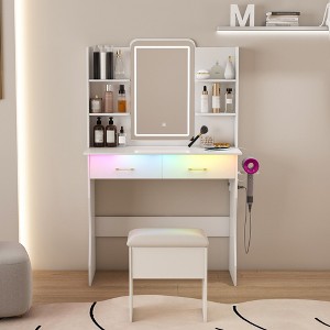 Vynxaria Vanity Desk with Lights Mirror & Power Outlet,Vanity Table Set with Storage Drawers & Chair, 3 Lighting Modes, White - 1 of 4