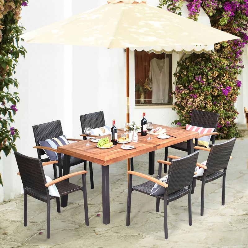 Costway 7PCS Patio Rattan Dining Set Acacia Wood Table Top Stackable Chairs, 2 of 10