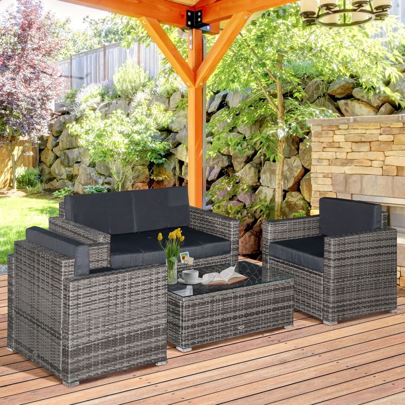 Outsunny 4-Piece Rattan Wicker Furniture Set, Outdoor Cushioned Conversation Furniture with 2 Chairs, Loveseat, and Glass Coffee Table, 4 of 10