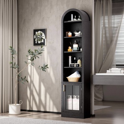 SEVOBAL Utility Storage Cabinets Arched Slim Storage Cabinet With Glass Door And 5 Shelves For Living Room, Bedroom, Black, 10.2"*16.1"*71.1"