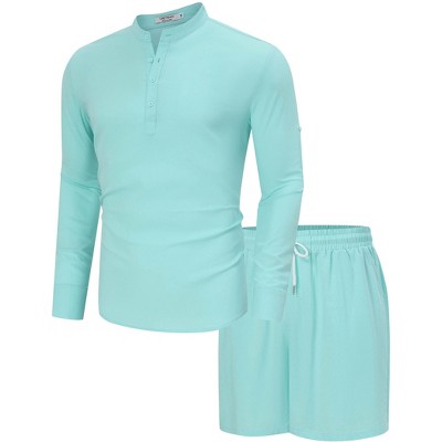 Men's 2 Piece sets beach outfits Summer casual Linen Sets Henley Shirts and Shorts