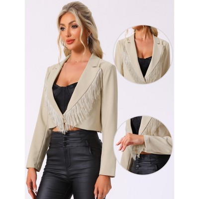 INSPIRE CHIC Women's Long Sleeve Lapel Single Button Cocktail Party Fringe Blazer Apricot Small — фото 2
