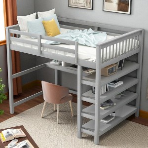 Full Size Loft Bed with Built-In Desk, Storage Shelves, Guardrails, and Ladder, Space-Saving Wood Frame - 1 of 4