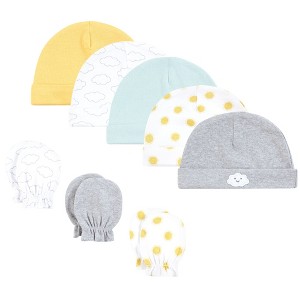 Hudson Baby Cotton Cap and Scratch Mitten Set, Sunshine And Clouds, 0-6 Months - 1 of 4