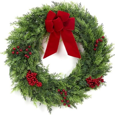 Acekool 24" Holiday Wreath for Front Door, Winter Cypress Wreath with Red Berries & Ribbon, Indoor Outdoor Wall Window Fireplace Porch Decor
