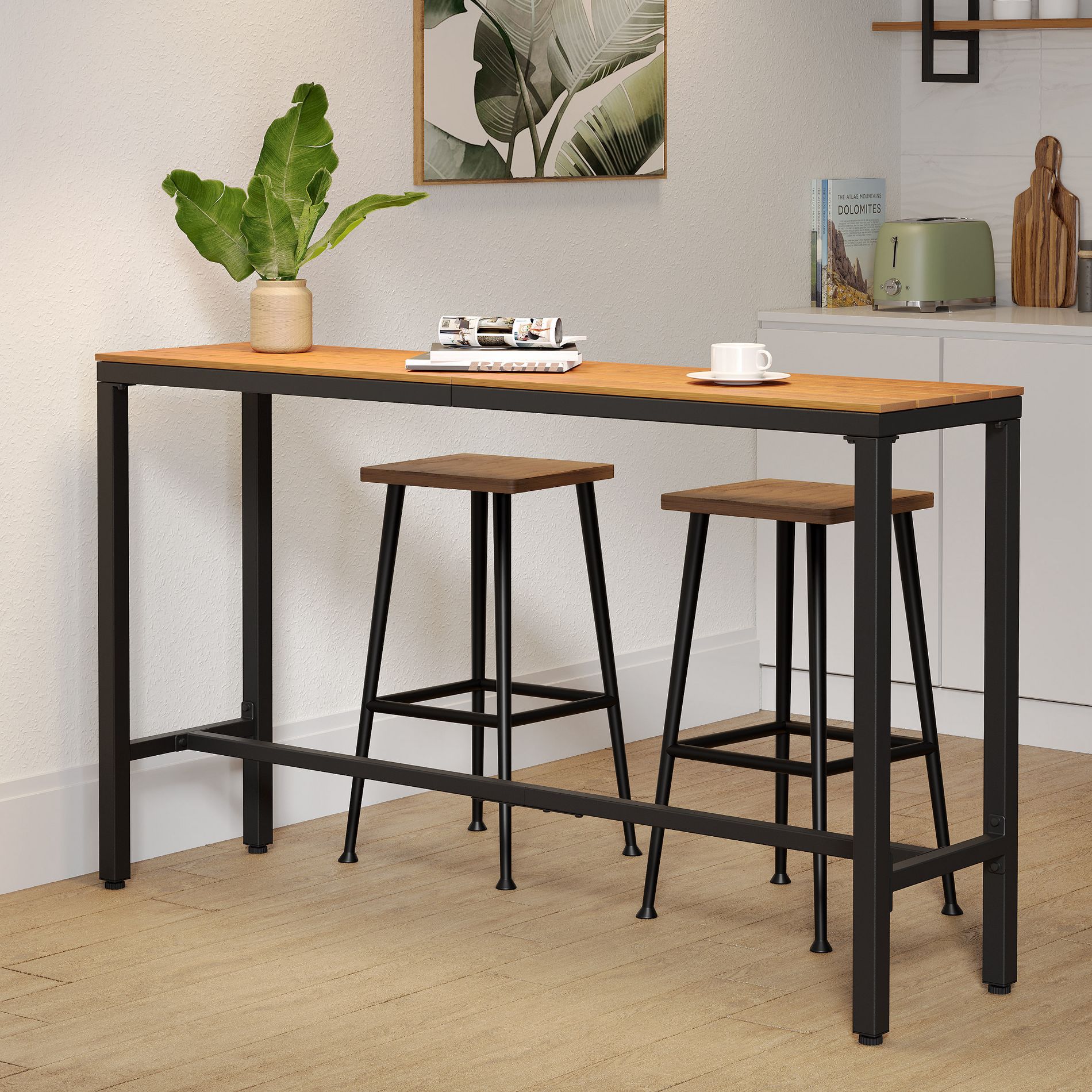Pellebant 63in Outdoor Bar Table Rectangular Patio Counter Height Table Wood-Look Top Metal Frame Brown