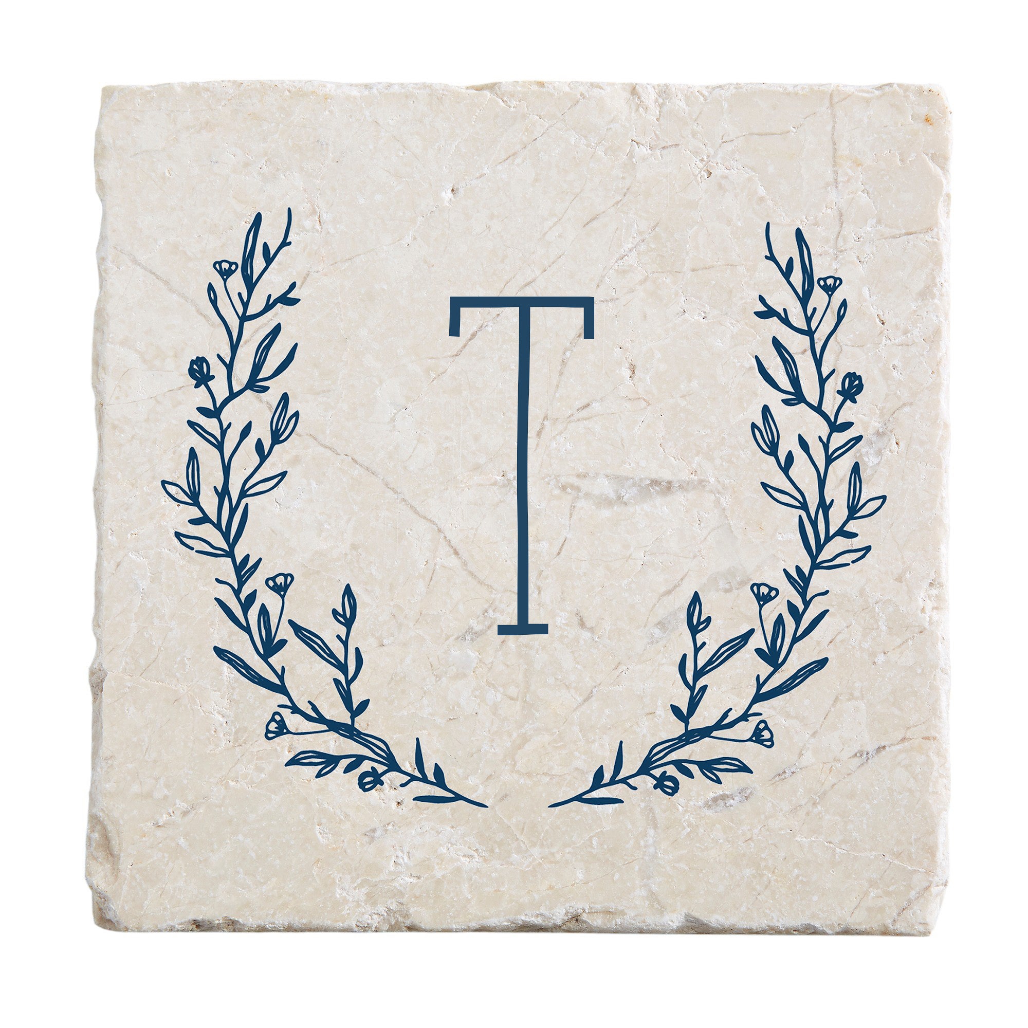 Personalization MallFarmhouse Floral Personalized Letter Tumbled Stone Coaster Set, T