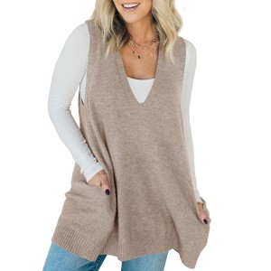 Imily Bela Womens Sleeveless Sweater Vest V Neck Casual Loose Knit A Line Flattering Tunic Top with Pockets - 1 of 4