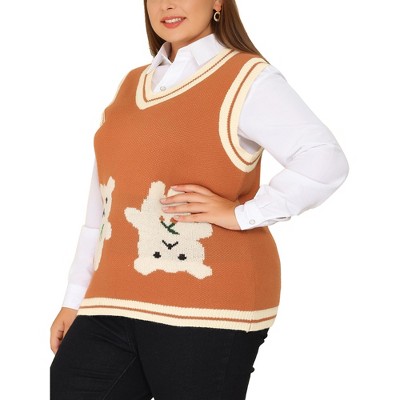 Agnes Orinda Women's Plus Size V Neck Bear Knit Sleeveless Pullover Sweater Vest