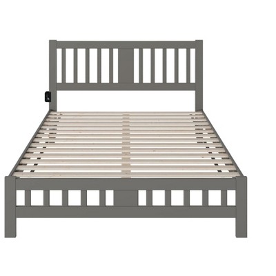 Gray Wood Queen Bed with Slatted Headboard and USB Ports