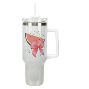 Elanze Designs 40 Ounce Stainless Steel Double Wall Insulated Glitter Travel Tumbler With Handle, Straw, and Lid, Watermelon White - 1 of 1