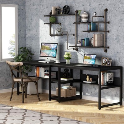 Black Double Workstation Desk with Shelves for Two