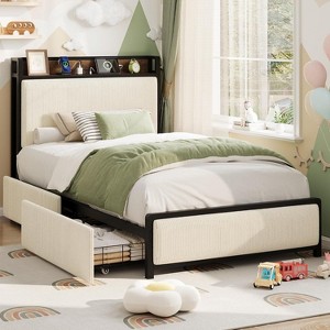 Twin Size Bed Frame with Charging Station, Rustic Velvet Upholstered Platform Bedframe with Storage Headboard, No Box Spring Needed - 1 of 4