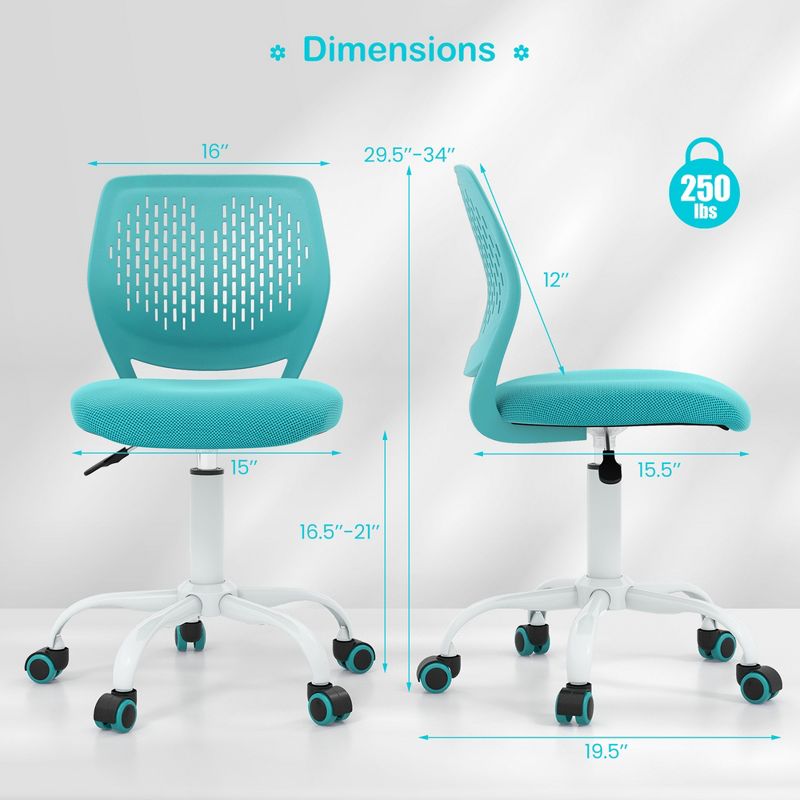 Costway Office Task Desk Armless Chair Adjustable Mid Back Swivel Study Chair Rose\Blue\Turquoise\Purple, 3 of 14
