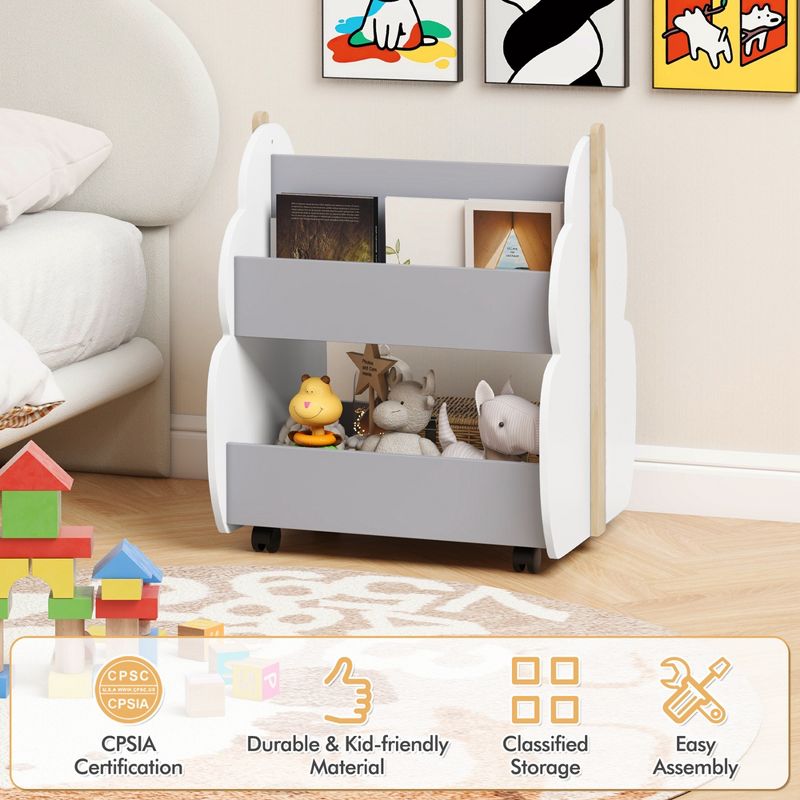 Costway Kids Wooden Bookshelf with Wheels 2-Tier Toy Storage Shelf Double-sided Bookcase Grey/Natural, 5 of 11