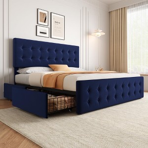 Whizmax Bed Frame with 4 Storage Drawers and Headboard, Velvet Upholstered Platform Bed Frame with Wooden Slats Support, Button Tufted Design, Blue - 1 of 4