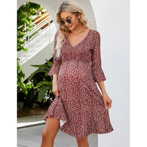 Women's Maternity Fall Casual Smocked 3/4 Long Sleeve Boho Dress V Neck Flowy Ruffle Midi Dress Baby Shower Photoshoot - 1 of 4