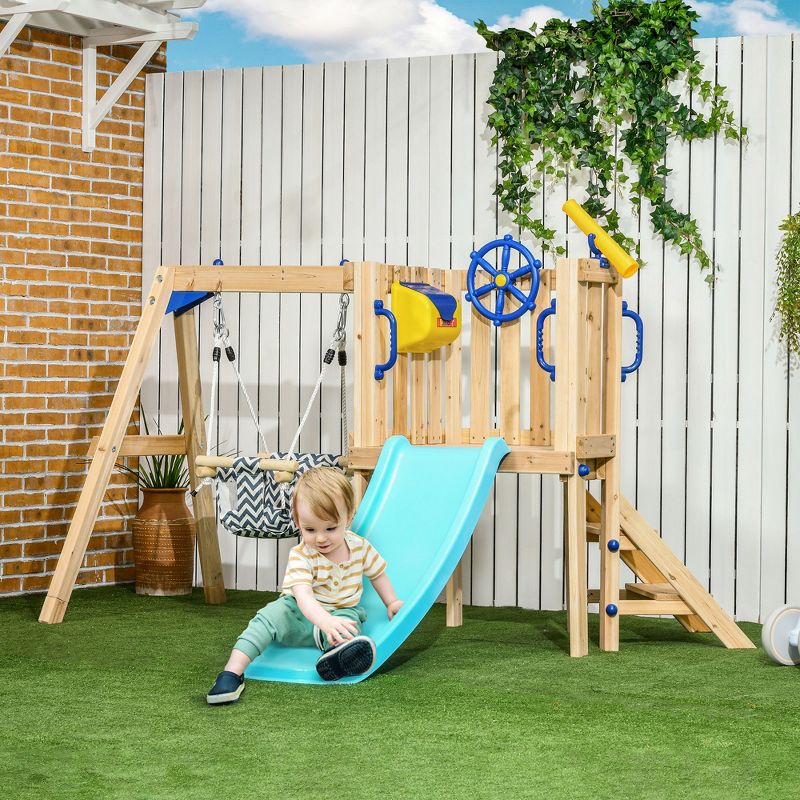 Outsunny Wooden Outdoor Playset with Baby Swing Seat, Toddler Slide, Wheel, Telescope, Backyard Playground Set, Kids Playground Equipment, Ages 1.5-4, 4 of 8