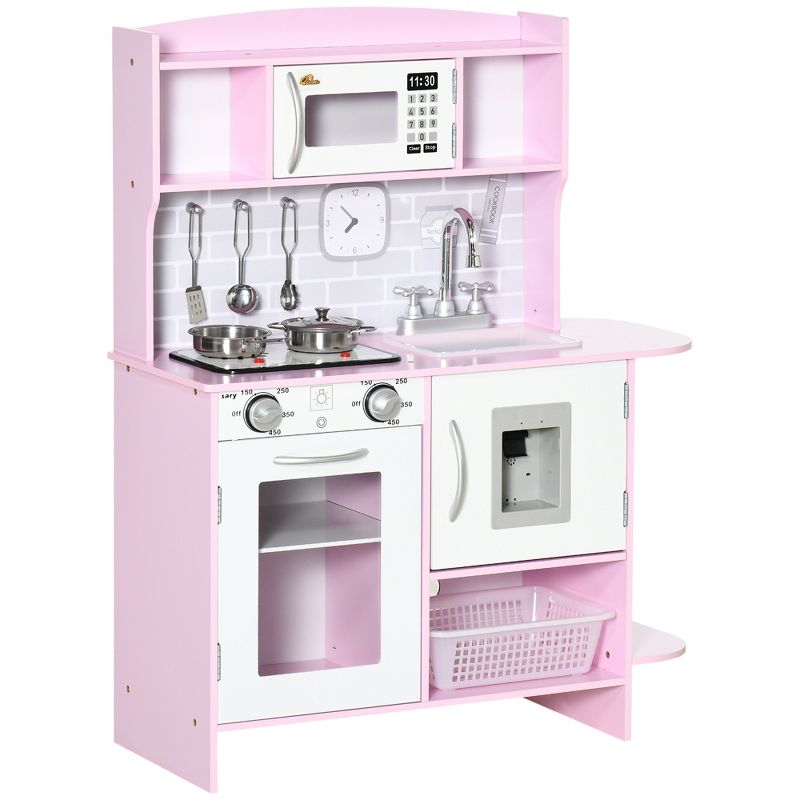 Qaba Pretend Play Kitchen with Sound Effects and Stove Lights, Kids Kitchen Playset with Storage, Water Dispenser for 3-6 Years Old, Pink, 4 of 7