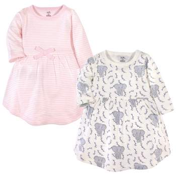 Touched by Nature Baby and Toddler Girl Organic Cotton Long-Sleeve Dresses 2pk, Pink Elephant