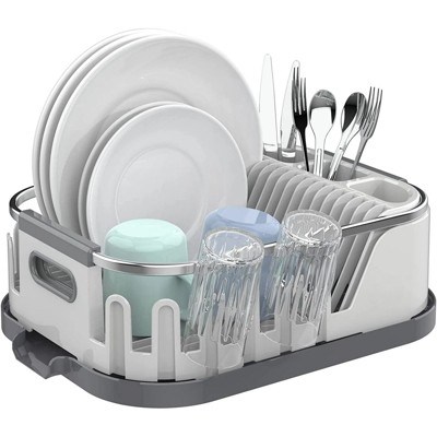 LunaLulinlk Dish Drying Rack for Kitchen Counter, Compact Dish Drainer with Drainboard, White