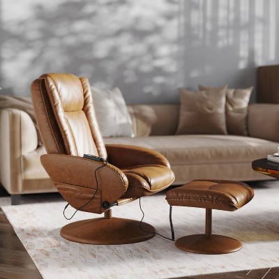 Brown Faux Leather Massaging Recliner with Ottoman and Metal Base