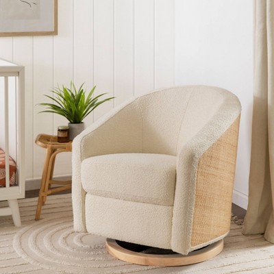 Ivory Boucle Swivel Glider with Cane and Light Wood Base