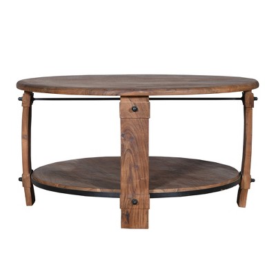 38" Retro Style Round Wooden Coffee Table with Bottom Shelf Brown - The Urban Port