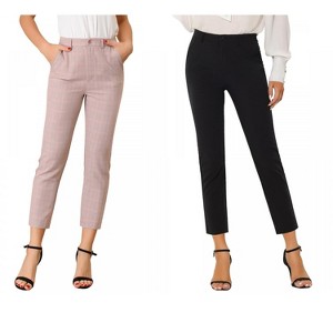 Allegra K Women's Plaid High Waist Elastic Back Office Work Ankle Pants 2 Packs - 1 of 4
