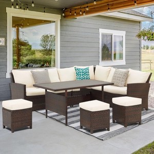 Heynemo 7 PiecePatio Furniture Set with Dining Table and Chair, All Weather Wicker Conversation Set with Ottoman - 1 of 4