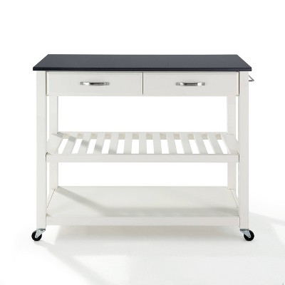 White Granite Top Kitchen Cart with Wine Rack and Storage