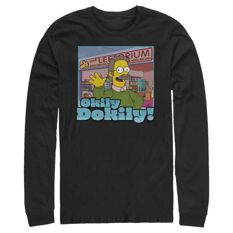 Men's The Simpsons Ned Flanders Leftorium Okily Dokily Long Sleeve Shirt, 1 of 5