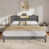 King Size Bed Frames with Upholstered Headboard Bed with Charging Station and Led Lights Bed Frame with Sturdy Wooden Slats/2-Tier Storage Grey - 2 of 4