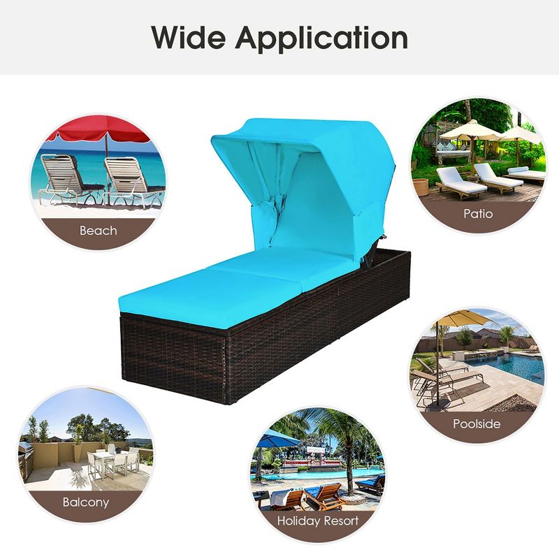 Costway 2PCS Patio Rattan Lounge Chair Chaise Cushioned Top Canopy Adjustable Turquoise, 4 of 11