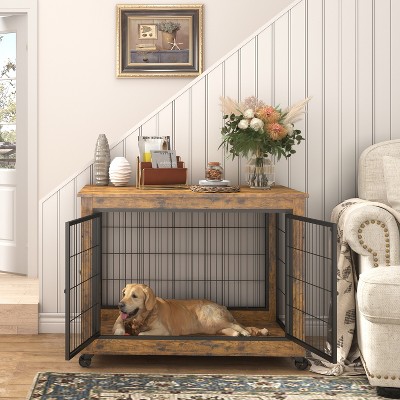 JUJABU Rustic Brown Furniture Dog Cage Crate with Double Doors