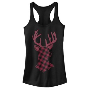 Juniors Womens CHIN UP Christmas Flannel Reindeer Print Racerback Tank Top - 1 of 4