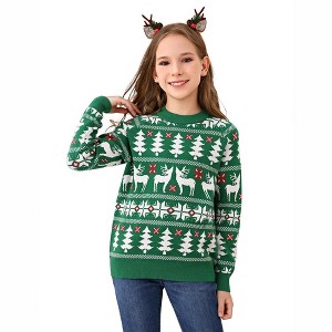 Family Christmas Sweater Reindeer Snowflake Pattern Crew Neck Holiday Pullover Knitwear - 1 of 4