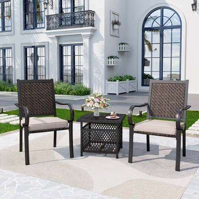 3pc Patio Conversation Set with Wicker Rattan Chairs with Cushions & Square Table with Umbrella Hole - Captiva Designs