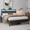 Queen Size bed frame with charging station and LED light gray upholstered headboard two-tier storage shelves no spring mattress required - 3 of 4