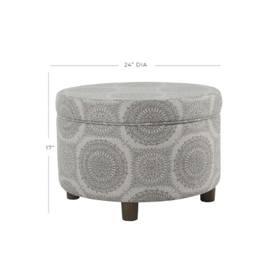 Gray Round Medallion Storage Ottoman with Wood Legs