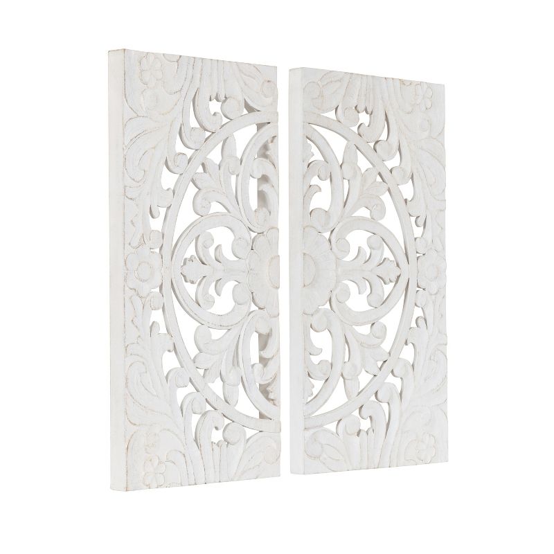 Kate &#38; Laurel All Things Decor (Set of 2) Saanvi Traditional Carved Wood Art Plaque White Wall Arts with Dimensional Hand Carved Design, 4 of 12