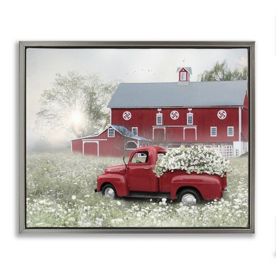 Stupell Industries Red Truck Floral Country Meadow Black Framed Floater Canvas Wall Art