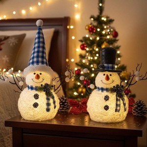 2 Pack 14" Lighted Snowman Tree Buffalo Check Plaid Farmhouse Decorations - 1 of 4